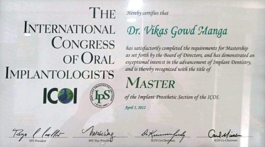 ICOI Mastership certificate, Implant Prosthetic Section, Dr. Vikas Gowd, 2012