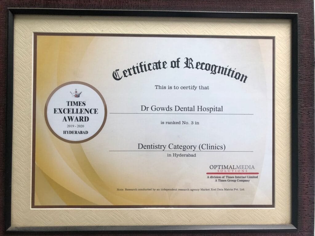Times Excellence Award 2019-2020: Dr. Gowds Dental Hospitals ranked No. 3, Dentistry (Clinics), Hyderabad