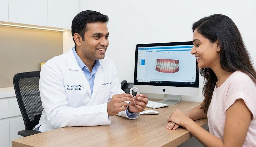 An orthodontist at Dr. Gowd's Dental Hospital consulting with a patient, showing her a clear Invisalign aligner.