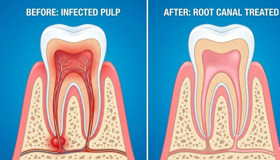 Before and after diagram of a tooth showing infected pulp versus a completed root canal treatment.
