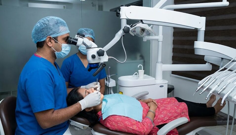 Endodontist using an advanced dental operating microscope for precise root canal treatment at Dr Gowd's Dental Hospitals.