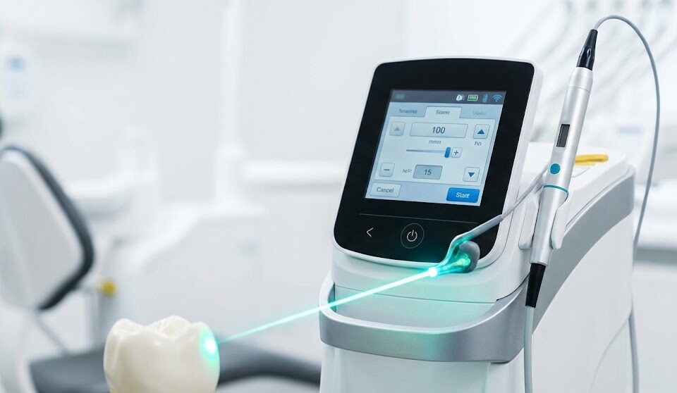 A close-up of a modern dental laser device with a handpiece emitting a green light, used for precise dental treatments.