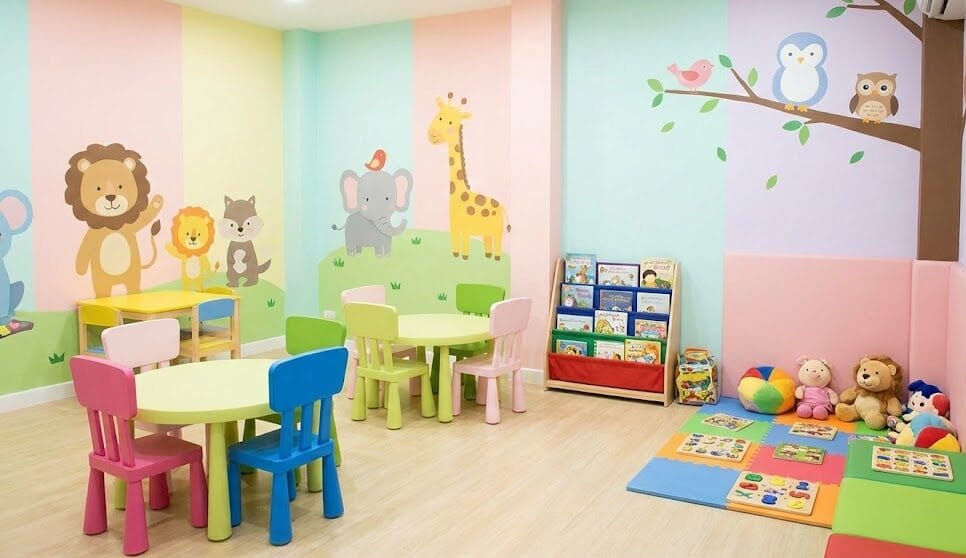 A colorful child friendly waiting area at a pediatric dental clinic complete with toys books and animal murals to make children feel comfortable e1771915658791 A colorful, child-friendly waiting area at a pediatric dental clinic, complete with toys, books, and animal murals to make children feel comfortable.