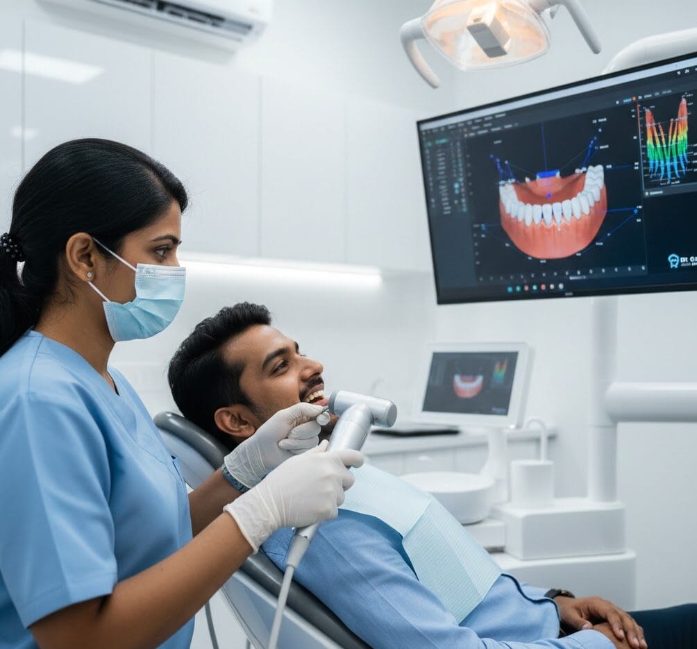 A dentist at Dr. Gowds Dental performing a 3D digital scan on a patient's mouth for precise clear aligner treatment planning in Hyderabad.
