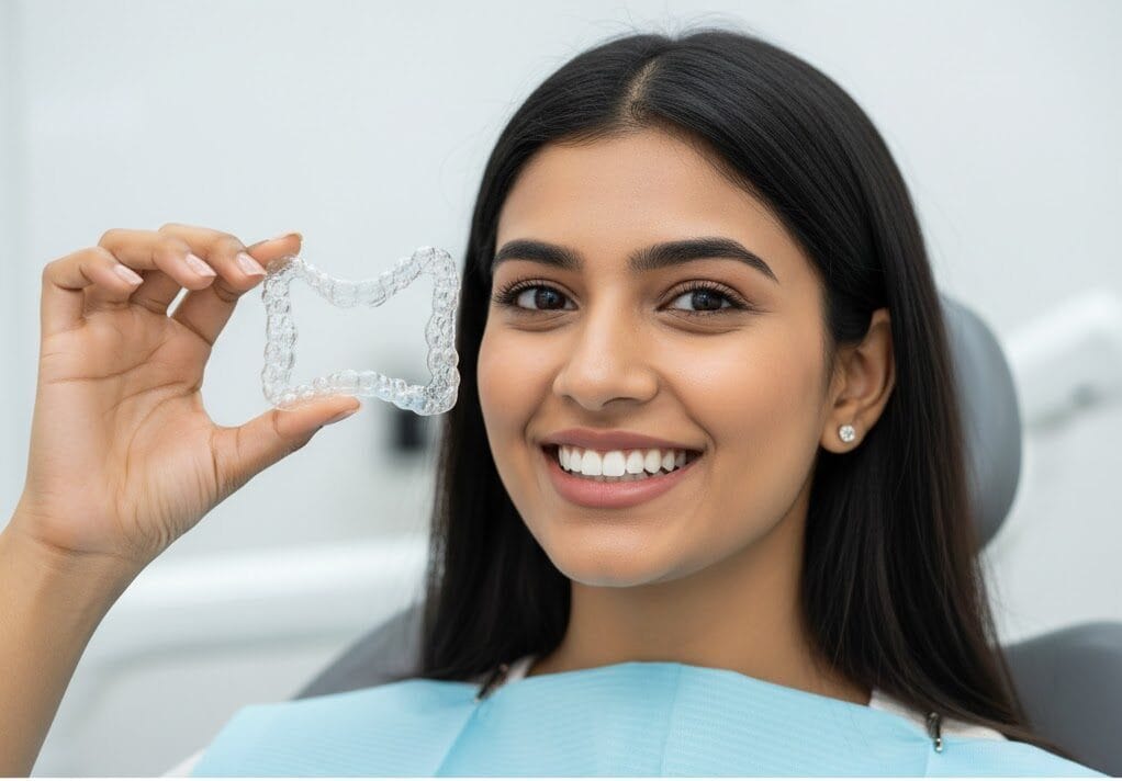 A happy patient at Dr. Gowds Dental in Hyderabad holding up a clear aligner tray, showcasing the discreet option for teeth straightening.