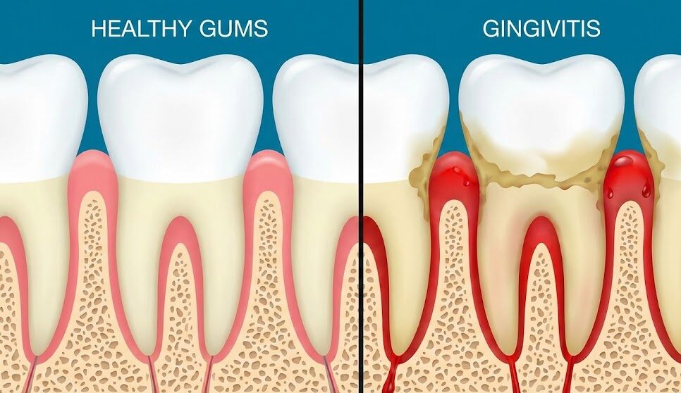 A medical diagram comparing healthy pink gums versus inflamed, red, and bleeding gums characteristic of gingivitis.