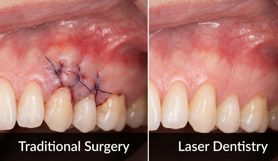 A side-by-side comparison showing the difference in post-operative healing between traditional gum surgery with stitches and laser dentistry with no stitches and less inflammation.