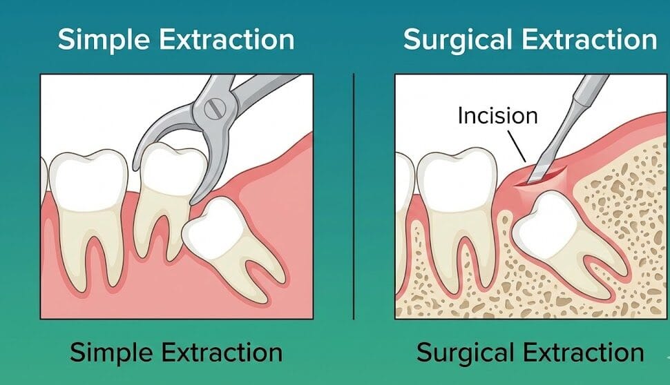 Comparison diagram showing a simple extraction of an erupted tooth versus a surgical extraction showing an incision for an impacted tooth.