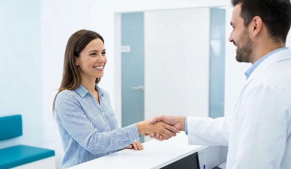 Happy patient shaking hands with a dentist after a successful dental treatment.