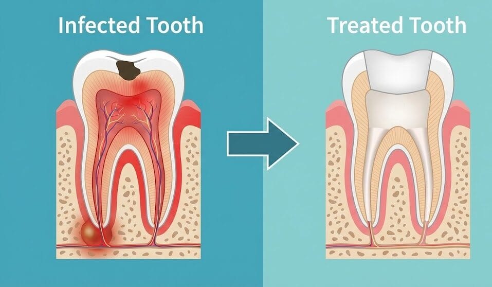 Infographic comparing an infected tooth with a root canal treated tooth.