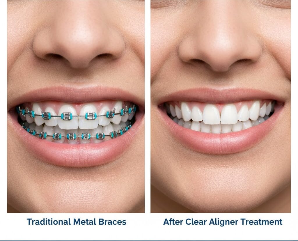 Side-by-Side Comparison (Braces vs. Aligned Teeth)