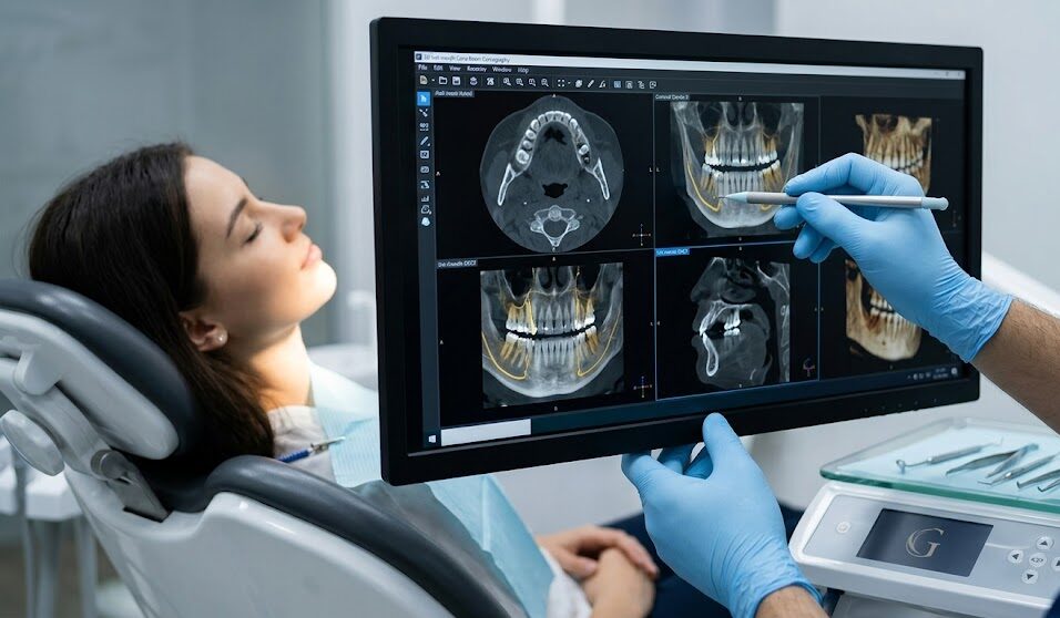 A close-up photograph capturing an implant specialist using a stylus to precisely analyze a 3D full-mouth Cone Beam Computed Tomograaphy.