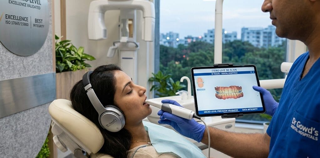 A detailed close-up shot capturing a relaxed, generic 'Dr. Gowd's' branded patien