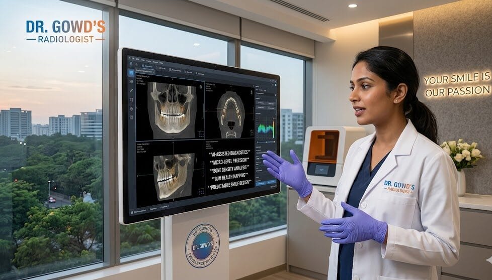 A detailed visualization on a monitor at Dr Gowd's Dental Clinics in Hitech City, showing a dental specialist using biometric data and 3D scans to create a fully customized