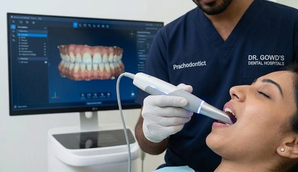 A focused macro photograph of a dentist wearing customized 'DR. GOWD'S DENTAL HOSPITALS