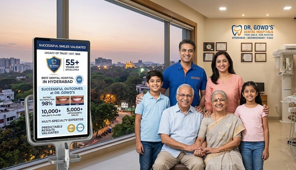 A high definition group photograph featuring a broadly smiling multi generational generic Dr. Gowds branded family group in a premium Banjara Hills clinic e1773921036131