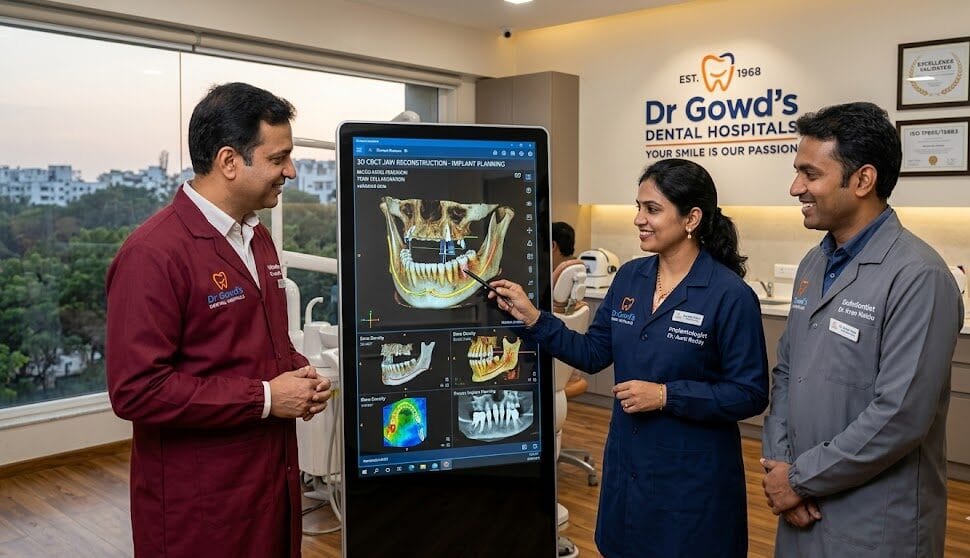 A high-definition photograph of a collaborative team of smiling, generic 'Dr. Gowd's' branded specialists—an Implantologist, Orthodontist