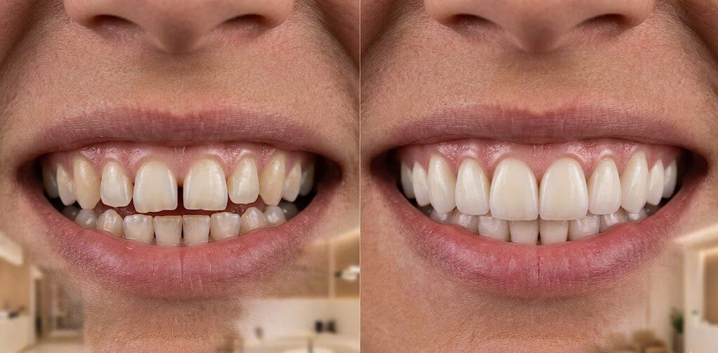 A high-quality split-screen photograph showing the transformation of a patient's