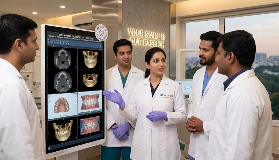 A medium horizontal shot capturing a diverse cohesive team of five dental specialists including an orthodontist validated by badge standing