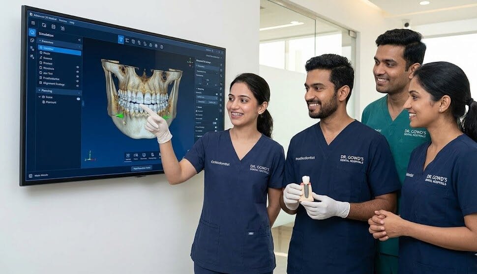 A medium shot of a collaborative team of dental specialists including Orthodontist