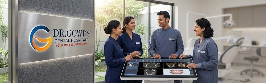 A medium shot of a diverse multi-specialty team of five dental specialists at Dr. Gowds' Dental Hospitals in Banjara Hills