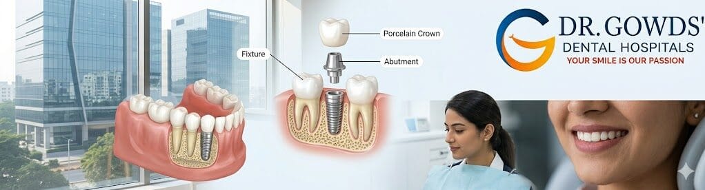 Detailed comparison dental implant anatomical cross-section vs flawless finalized porcelain crown placement in Kondapur, illustrating restorative science.