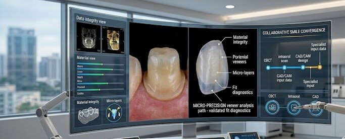 Micro-Precision analysis of a porcelain veneer in Kondapur, validating data integrity and fit diagnostics at Dr. Gowds' for smile makeover.