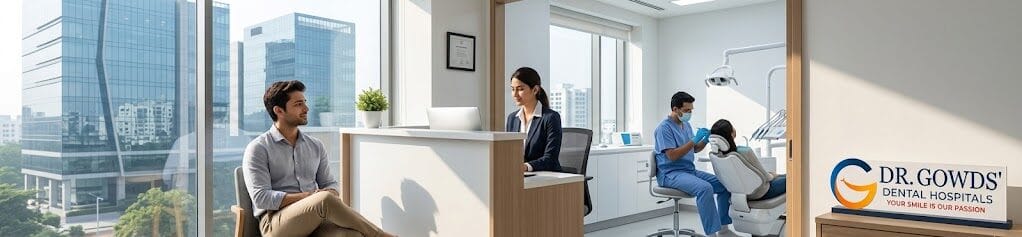 Premier dental clinic in Kondapur, Hyderabad, showing a patient consultation with modern equipment and a glimpse of the IT-hub skyline.