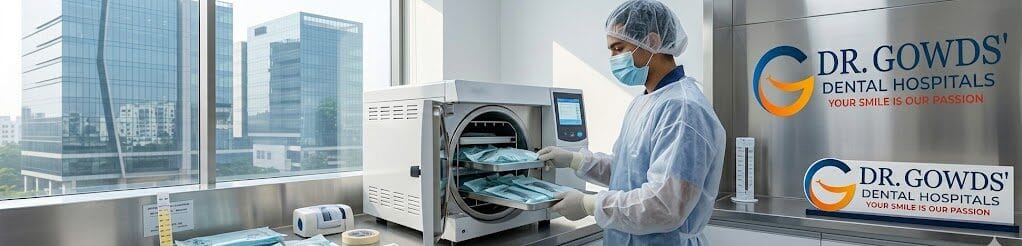 Sterilization station at a premier Kondapur dental clinic visualizing uncompromising Class B autoclave validation and international safety standards.
