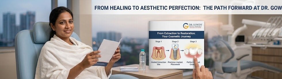 A creative visual story set during patient recovery at Dr. Gowd Dental Hospitals, showing a patient holding a booklet titled 'From Extraction to Restoration' illustrating the comprehensive process of replacing a removed tooth with a dental implant and a perfect crown, reinforcing the continuity of care.