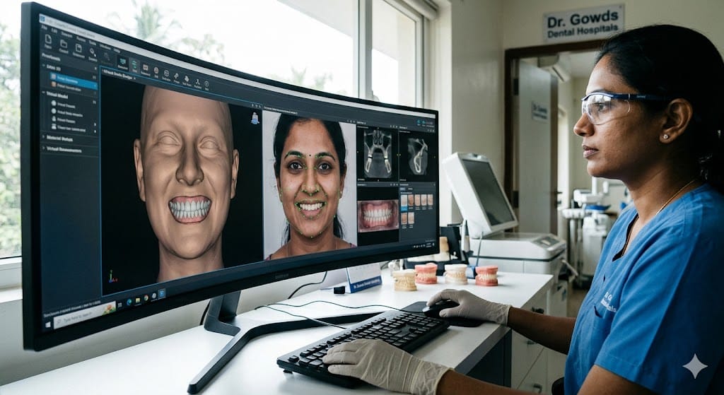 A realistic photograph of a high-tech multi-axis milling unit at Dr. Gowds Dental Hospitals actively carving a translucent Zirconia crown from a solid block of dental ceramic. Next to it, a flawlessly milled and polished Zirconia crown is displayed, showcasing the same-day fabrication capability.