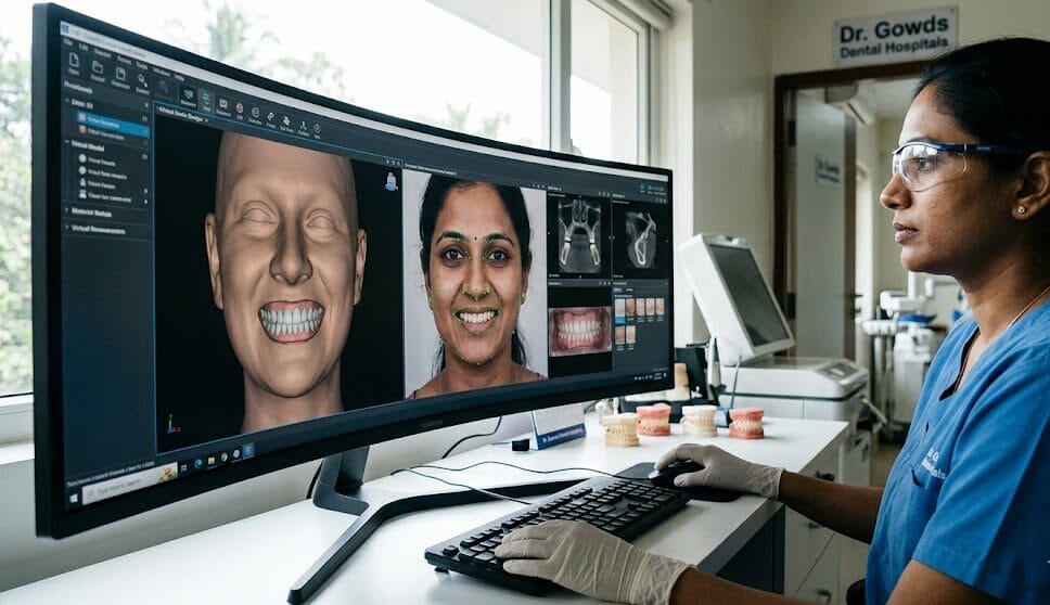 A documentary-style photograph showing an expert prosthodontist using Computer-Aided Design (CAD) software on an ultra-wide monitor at Dr. Gowds Dental Hospitals to map out a precise 3D digital smile design, comparing facial reconstruction virtually with a patient's current smile.