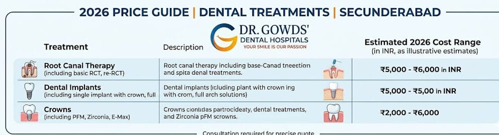A detailed 2026 price guide for dental treatments in Secunderabad, including root canals, implants, and crowns at Dr. Gowds Dental Hospitals