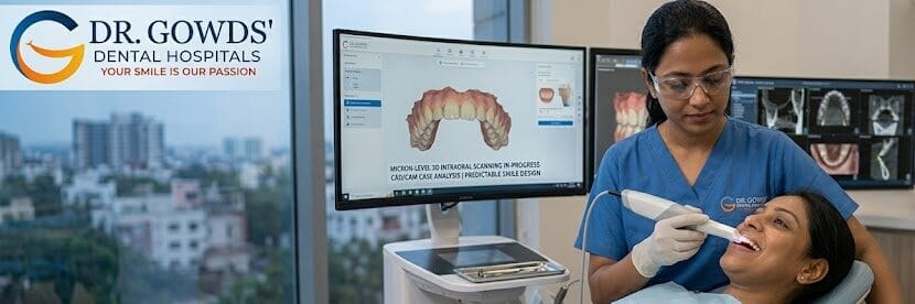 A high-tech digital orthodontic planning scene at Dr. Gowds' Dental Hospitals, showcasing micron-level intraoral scanning, 3D diagnostics