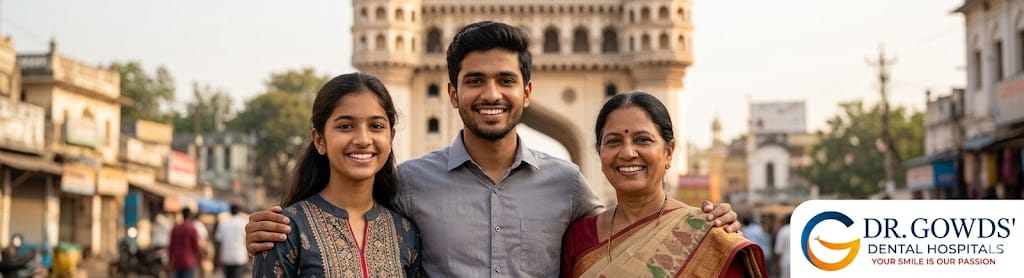 A professional photograph of a diverse group of happy, smiling Hyderabad residents