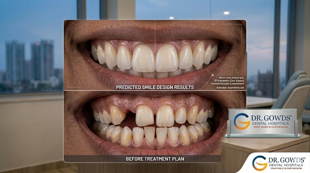 A stunning before and predicted after smile design composite from Dr. Gowds Dental Hospitals