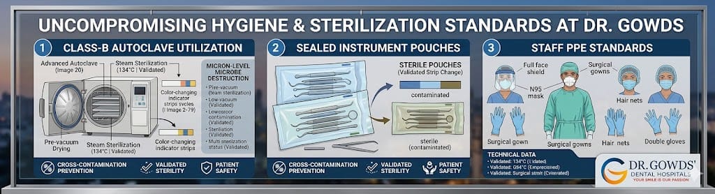 An advanced educational infographic diagram detailing the sterile environment and strict hygiene compliance at Dr. Gowds' Dental Hospitals in Hyderabad