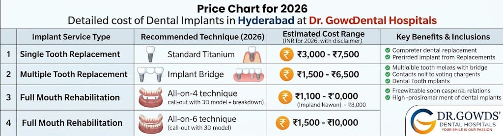 An informative price chart for 2026 detailing the cost of dental implant in Hyderabad