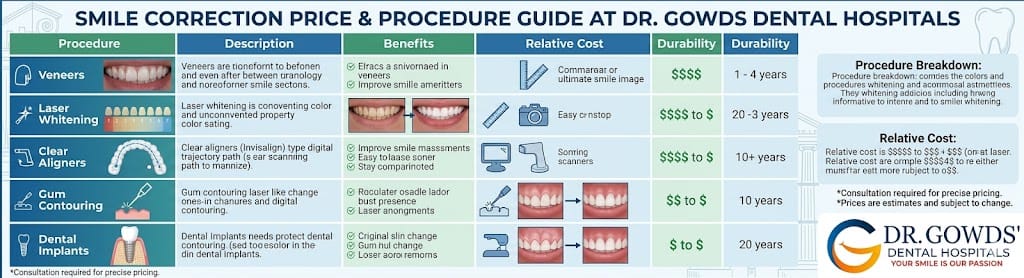An informative price guide and procedure chart for smile correction in Hyderabad at Dr. Gowds Dental Hospital