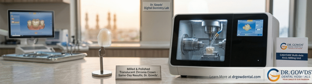 A realistic photograph of a high-tech multi-axis milling unit at Dr. Gowds Dental Hospitals actively carving a translucent Zirconia crown from a solid block of dental ceramic. Next to it, a flawlessly milled and polished Zirconia crown is displayed, showcasing the same-day fabrication capability.