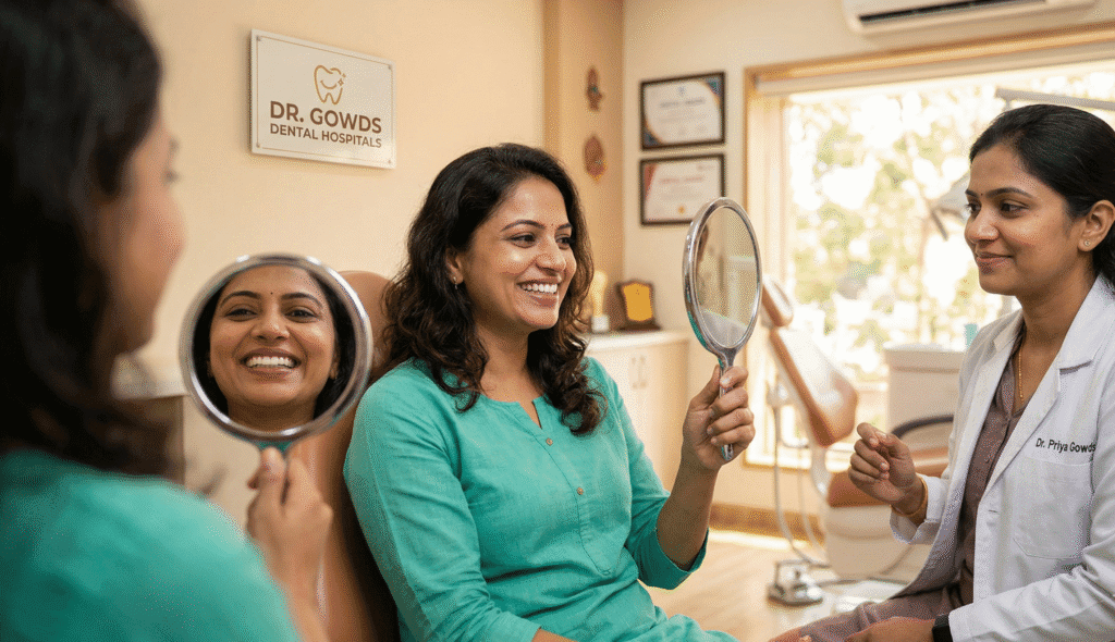 A candid photograph of an Indian patient happily smiling and observing her new, perfectly aligned and brilliant Zirconia smile transformation in a hand mirror at Dr. Gowds Dental Hospitals, illustrating the successful cosmetic outcome.
