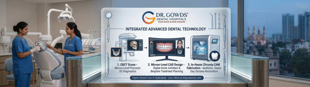 A refined graphic presentation block featuring the complete Dr. Gowds' Dental Hospitals logo and a list of integrated advanced dental technologies, emphasizing CBCT scans, micron-level CAD design, and in-house Zirconia CAM fabrication, with a background view of their clinical environment in Hyderabad.