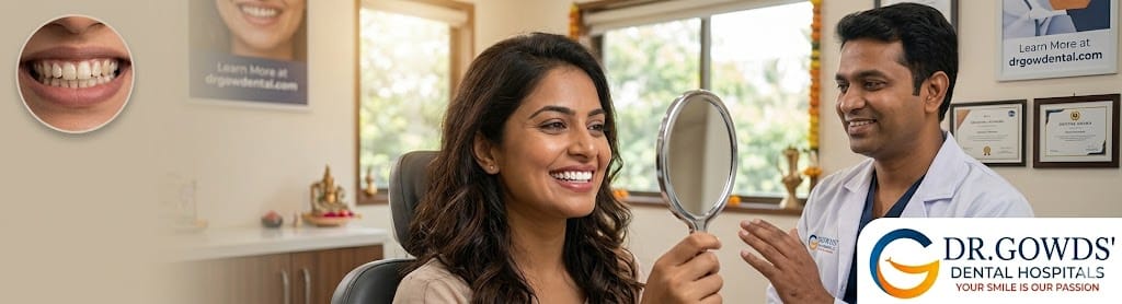 Transformative cosmetic dentistry results at Dr. Gowds Dental Hyderabad, smiling patient after smile makeover