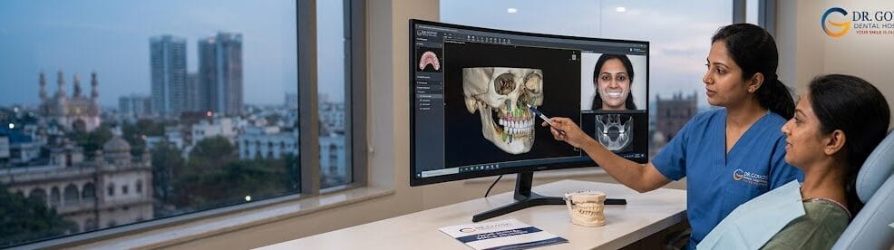 An expert female prosthodontist at Dr. Gowd Dental Hospitals discusses a 3D digital smile design plan on a monitor with a patient. The digital plan shows implant placement and facial reconstruction utilizing advanced CBCT imaging and digital diagnostics, with a subtle Hyderabad cityscape (with landmark) visible outside the consulting room window.